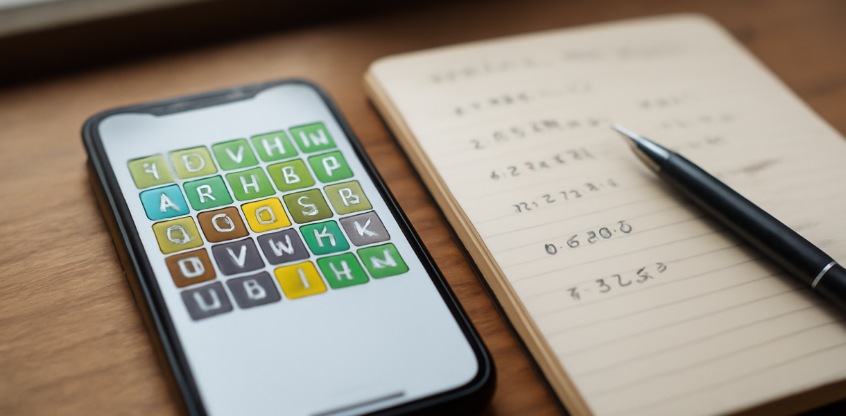 Ponsel menampilkan puzzle kata dengan catatan tangan di meja kayu