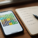 Ponsel menampilkan puzzle kata dengan catatan tangan di meja kayu