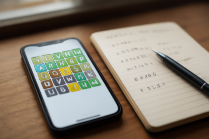 Ponsel menampilkan puzzle kata dengan catatan tangan di meja kayu