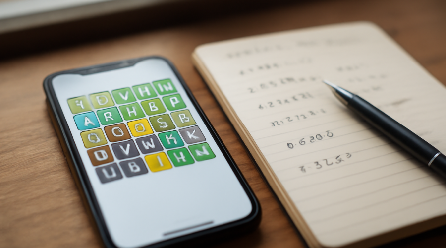 Ponsel menampilkan puzzle kata dengan catatan tangan di meja kayu