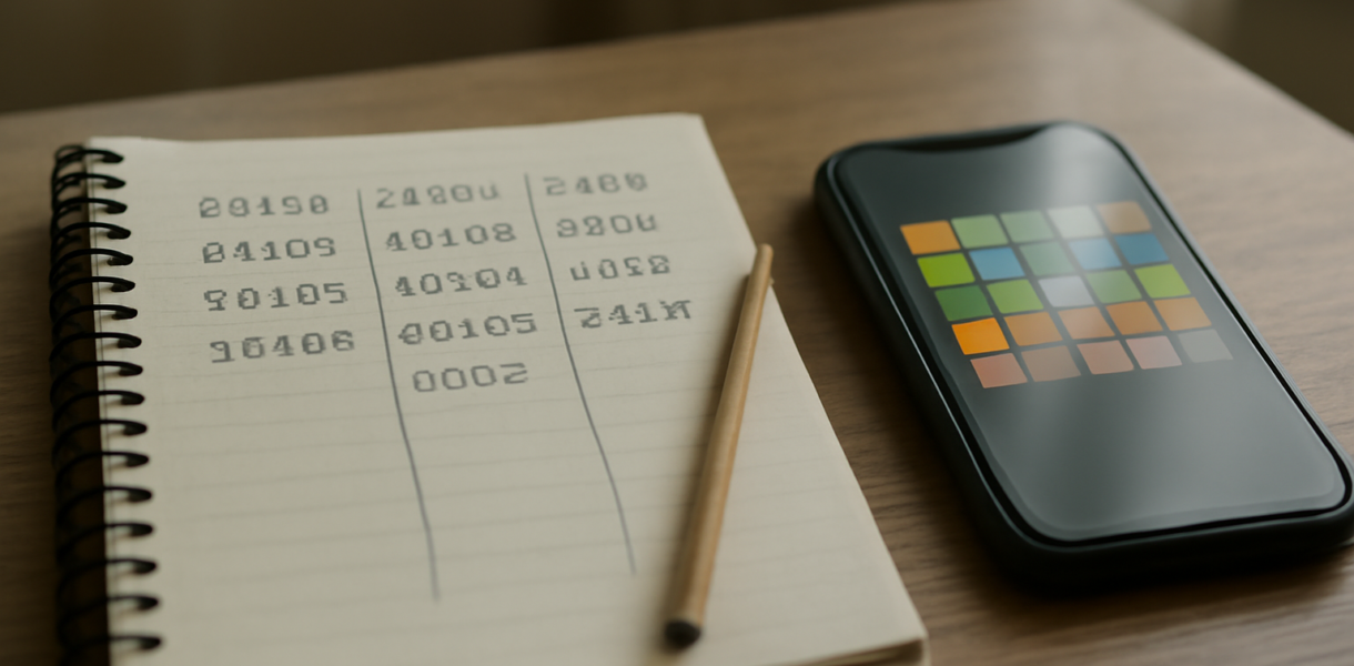 Meja dengan catatan kata dan ponsel yang menampilkan puzzle kata, suasana belajar Connections