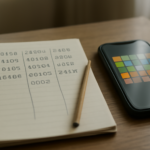 Meja dengan catatan kata dan ponsel yang menampilkan puzzle kata, suasana belajar Connections