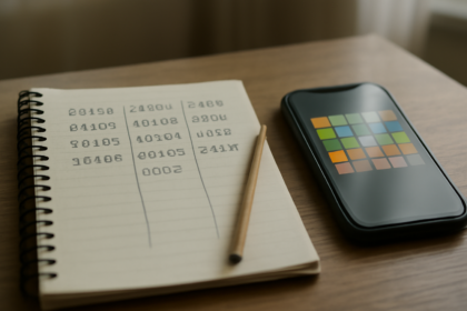 Meja dengan catatan kata dan ponsel yang menampilkan puzzle kata, suasana belajar Connections