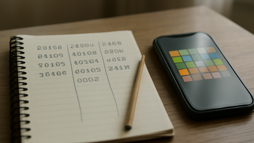 Meja dengan catatan kata dan ponsel yang menampilkan puzzle kata, suasana belajar Connections