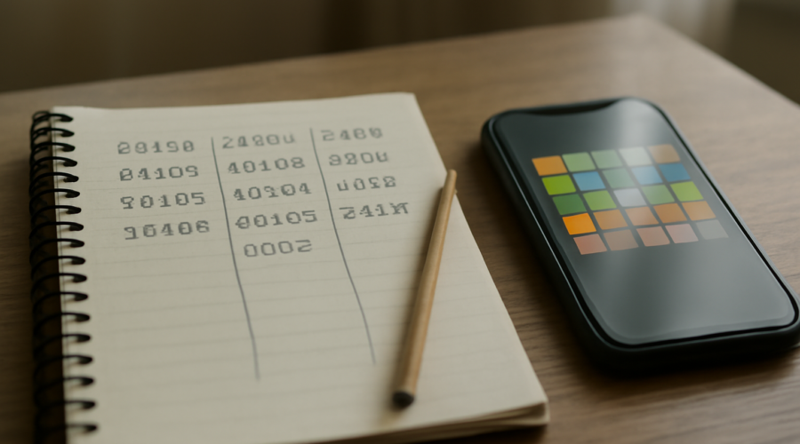 Meja dengan catatan kata dan ponsel yang menampilkan puzzle kata, suasana belajar Connections