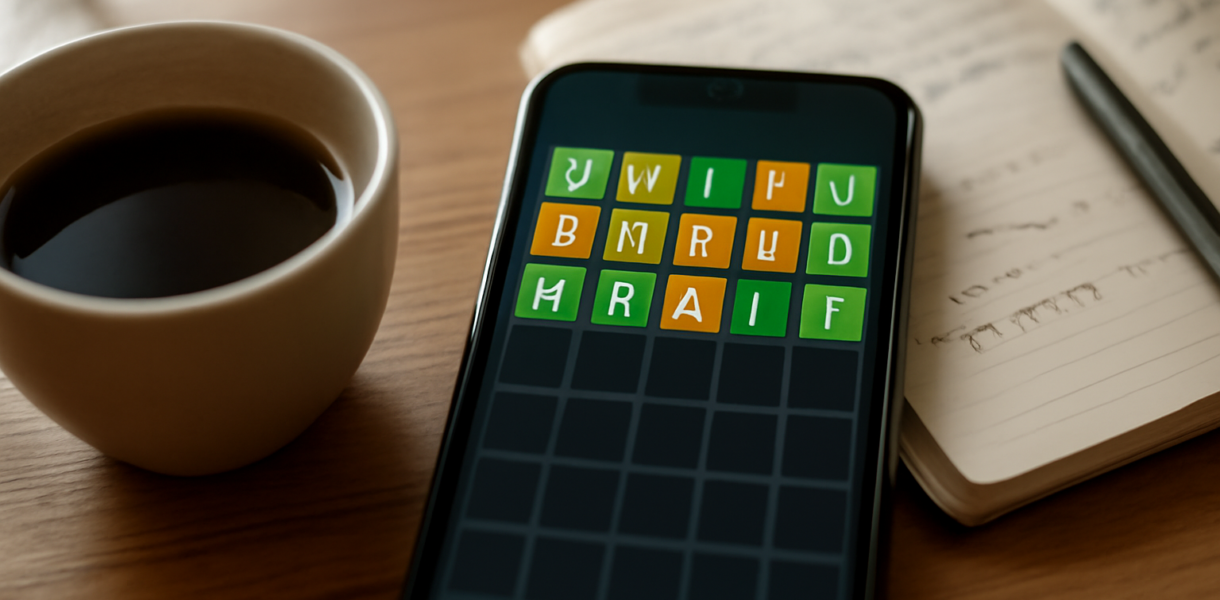 Ponsel menampilkan permainan kata Wordle dengan kotak huruf berwarna, ditemani kopi dan catatan di meja kayu.