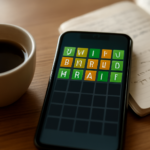 Ponsel menampilkan permainan kata Wordle dengan kotak huruf berwarna, ditemani kopi dan catatan di meja kayu.
