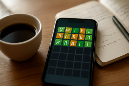 Ponsel menampilkan permainan kata Wordle dengan kotak huruf berwarna, ditemani kopi dan catatan di meja kayu.