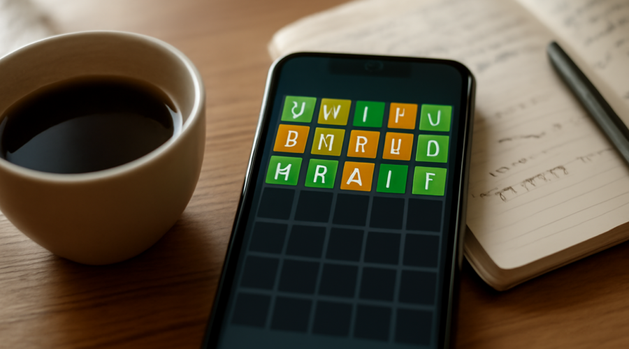 Ponsel menampilkan permainan kata Wordle dengan kotak huruf berwarna, ditemani kopi dan catatan di meja kayu.
