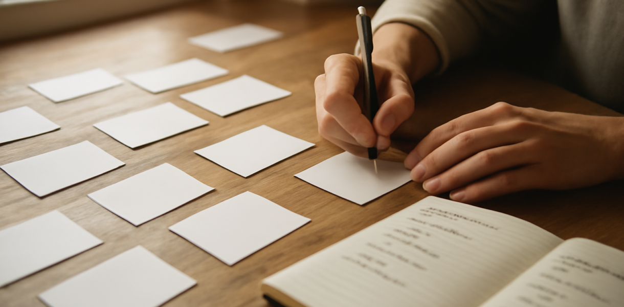 Tangan menulis kelompok kata di kartu kertas untuk latihan puzzle Connections