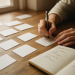 Tangan menulis kelompok kata di kartu kertas untuk latihan puzzle Connections