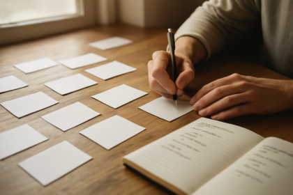 Tangan menulis kelompok kata di kartu kertas untuk latihan puzzle Connections