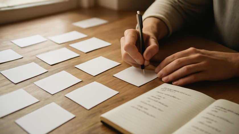 Tangan menulis kelompok kata di kartu kertas untuk latihan puzzle Connections