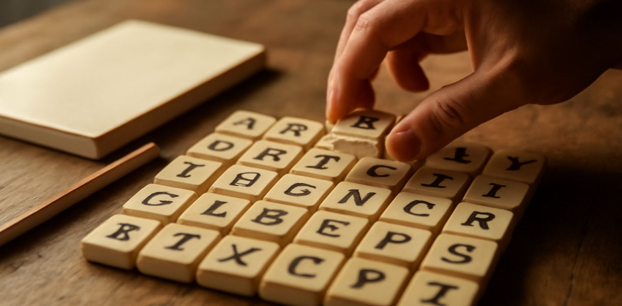 Deretan ubin huruf di atas meja kayu yang disusun seperti papan puzzle kata