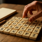 Deretan ubin huruf di atas meja kayu yang disusun seperti papan puzzle kata