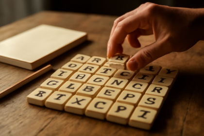 Deretan ubin huruf di atas meja kayu yang disusun seperti papan puzzle kata