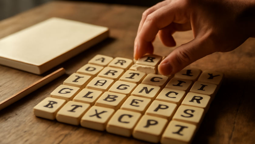 Deretan ubin huruf di atas meja kayu yang disusun seperti papan puzzle kata