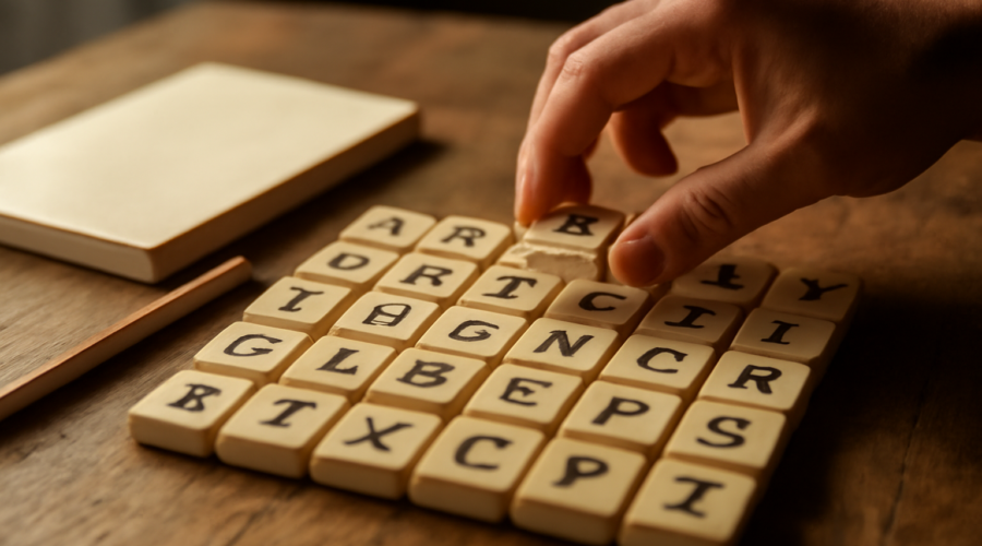 Deretan ubin huruf di atas meja kayu yang disusun seperti papan puzzle kata