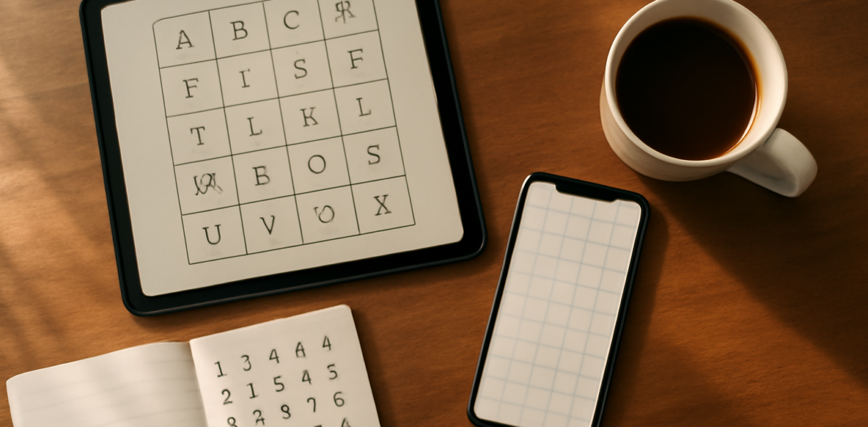 Meja kayu dengan tablet, ponsel, dan buku catatan berisi huruf untuk bermain game kata harian