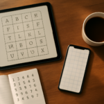 Meja kayu dengan tablet, ponsel, dan buku catatan berisi huruf untuk bermain game kata harian