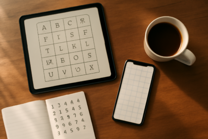 Meja kayu dengan tablet, ponsel, dan buku catatan berisi huruf untuk bermain game kata harian