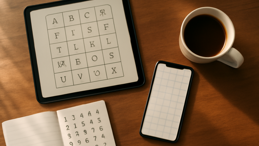 Meja kayu dengan tablet, ponsel, dan buku catatan berisi huruf untuk bermain game kata harian