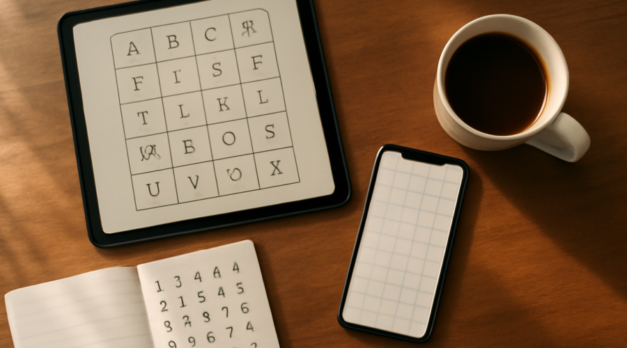 Meja kayu dengan tablet, ponsel, dan buku catatan berisi huruf untuk bermain game kata harian