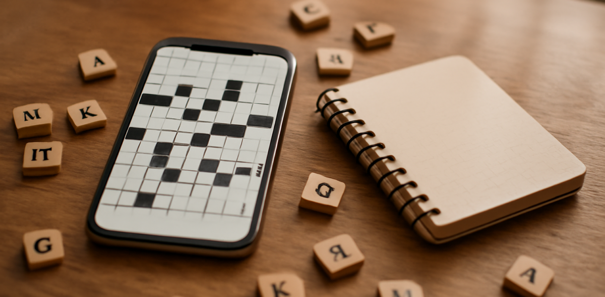 Ponsel dan buku catatan dengan puzzle kata di atas meja kayu sebagai ilustrasi perbandingan Wordle, Connections, dan Spelling Bee