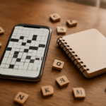 Ponsel dan buku catatan dengan puzzle kata di atas meja kayu sebagai ilustrasi perbandingan Wordle, Connections, dan Spelling Bee