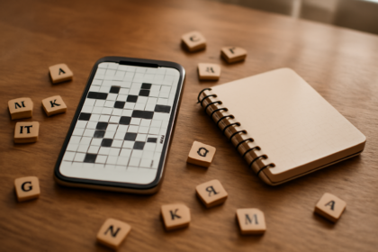 Ponsel dan buku catatan dengan puzzle kata di atas meja kayu sebagai ilustrasi perbandingan Wordle, Connections, dan Spelling Bee