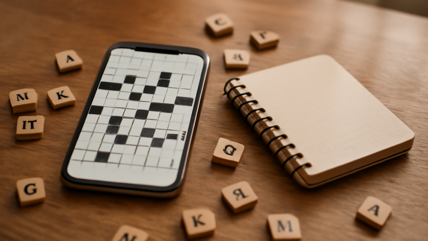 Ponsel dan buku catatan dengan puzzle kata di atas meja kayu sebagai ilustrasi perbandingan Wordle, Connections, dan Spelling Bee