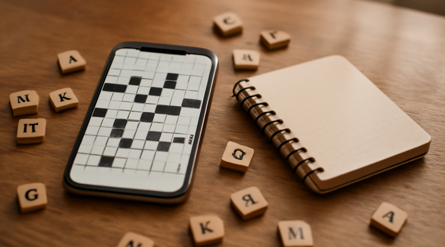 Ponsel dan buku catatan dengan puzzle kata di atas meja kayu sebagai ilustrasi perbandingan Wordle, Connections, dan Spelling Bee